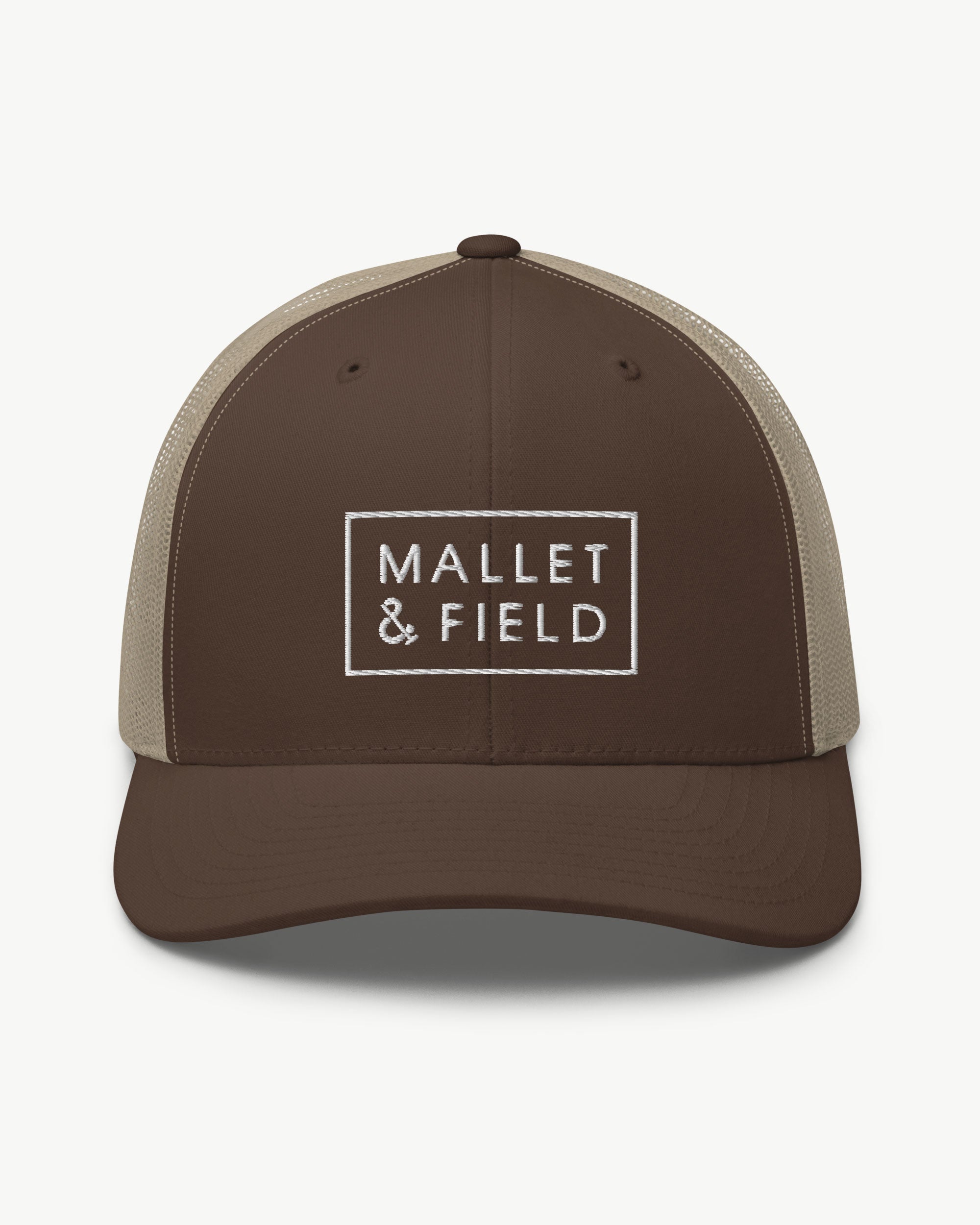 Mallet-and-Field-field-logo-embroidered-trucker-hat-brown-khaki-front.jpg